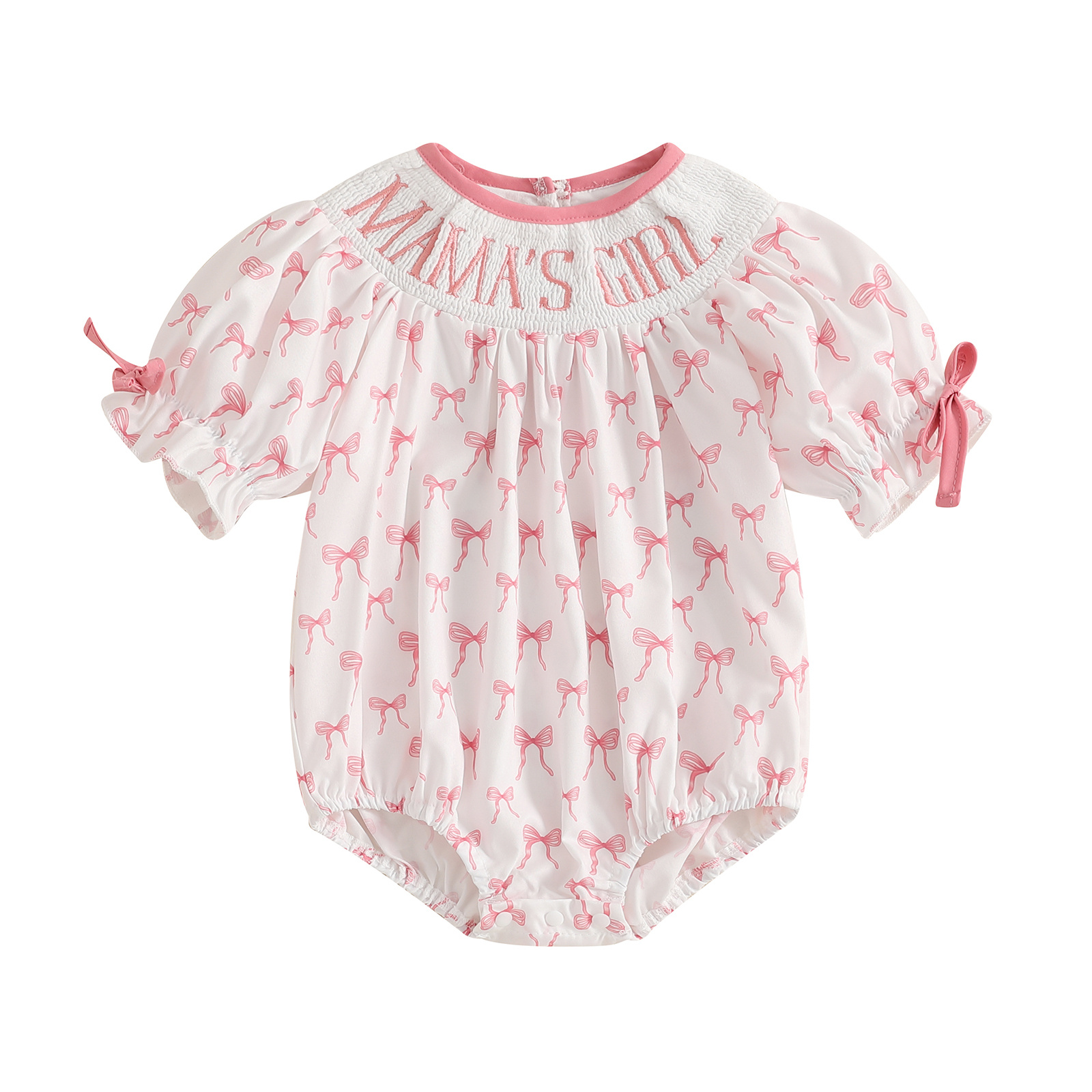 

mama's Girl" Embroidered Baby Girl Romper - Pink With Cartoon Print, Short Sleeve, Bow Detail, Soft Polyester, Smocked Bodysuit For Newborns To 24 Months - Summer, Baby Girl Clothes, Outdoor