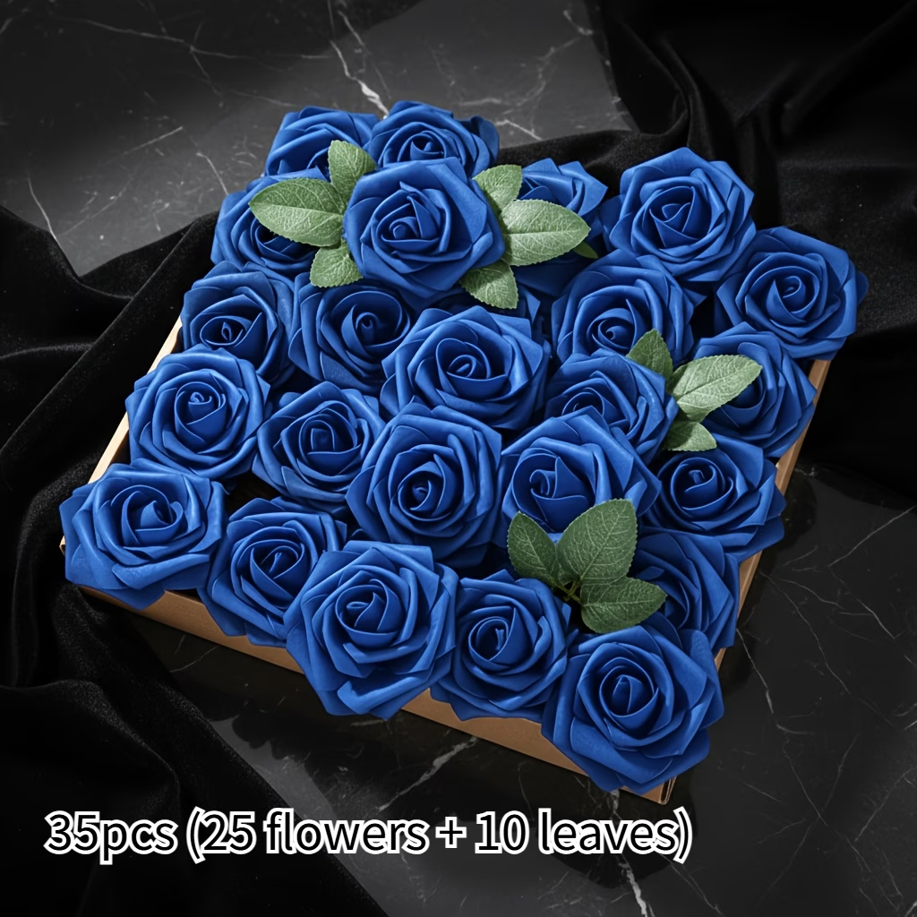 TEMU 35pcs - 25 Fleurs et 10 Feuilles, Roses Artificielles Bleues avec Tiges Flexibles et Pliables, Fleurs en Mousse Réalistes pour Mariage,