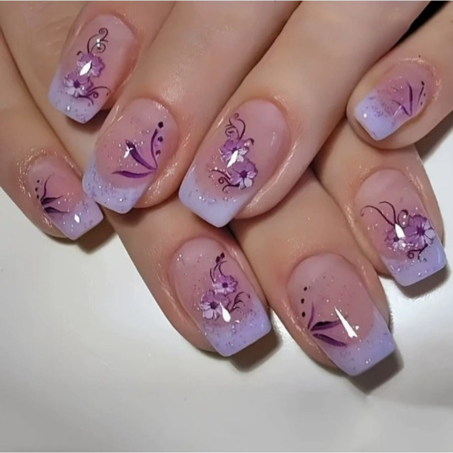 TEMU 48pcs Square Pink Clear Purple Flower Glitter Press On Nails Reusable Pink Base With Floral Pattern Fake Nails Shimmer Finish Easy To Apply Long