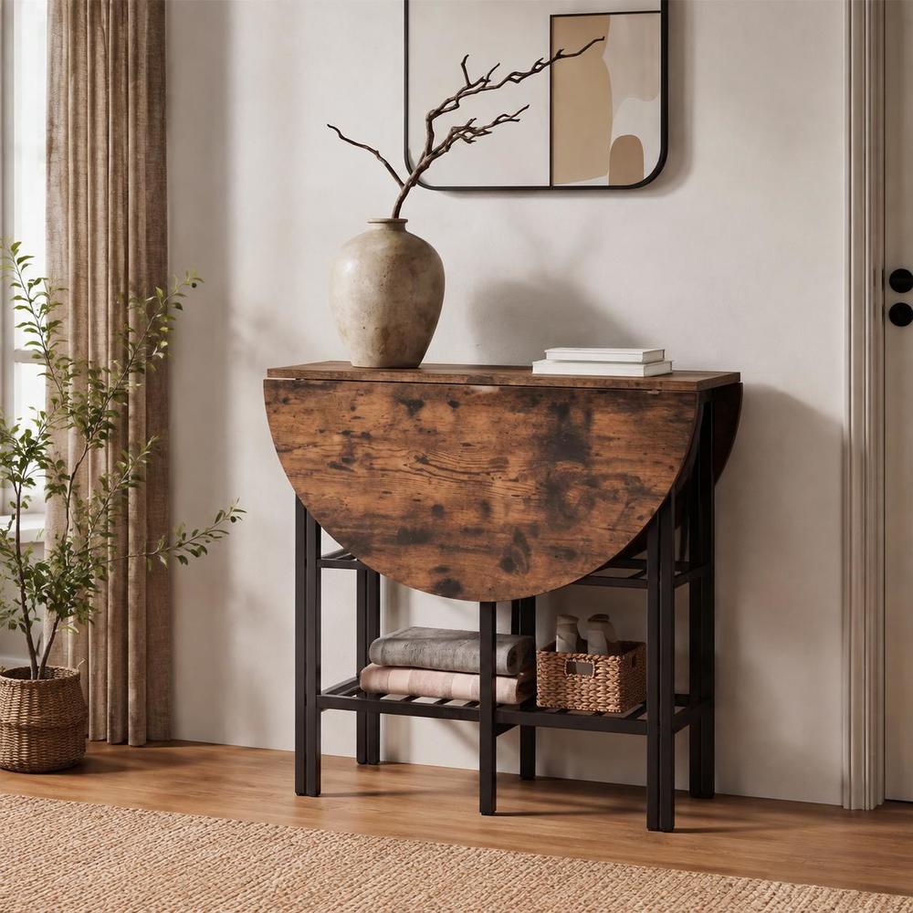 Image of Oval Folding Dining Table With 2 Shelves, Metal Frame, Space-saving, 110x70x76cm, Brown