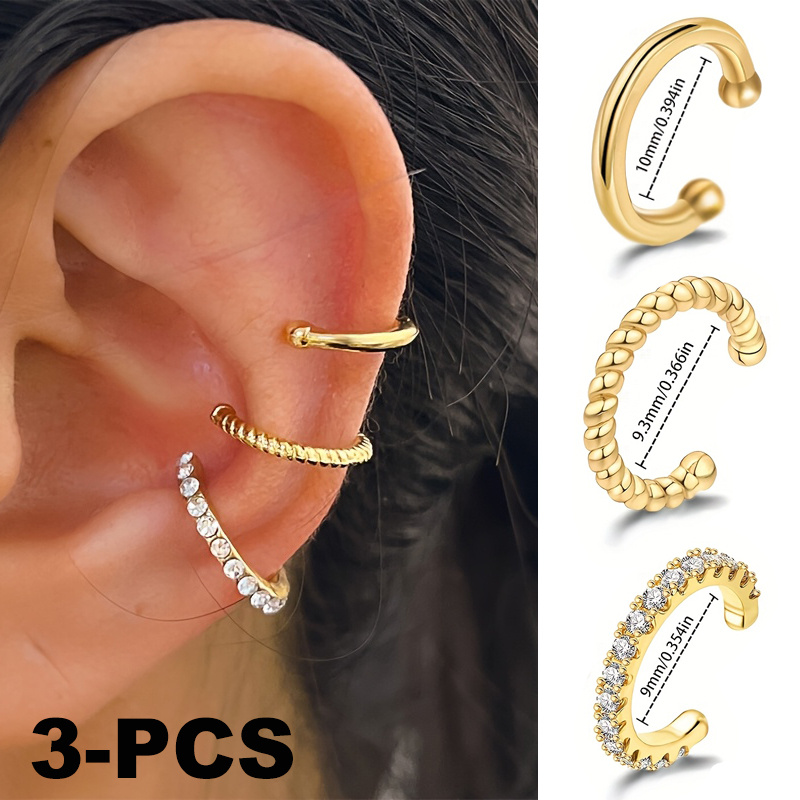TEMU 3pcs Women's Ear Clip Set Exquisite Shiny Stud Earrings Non-pierced Twisted Rope Cartilage Clips Inlaid Sparkling Studs Ear Cuff Earrings No