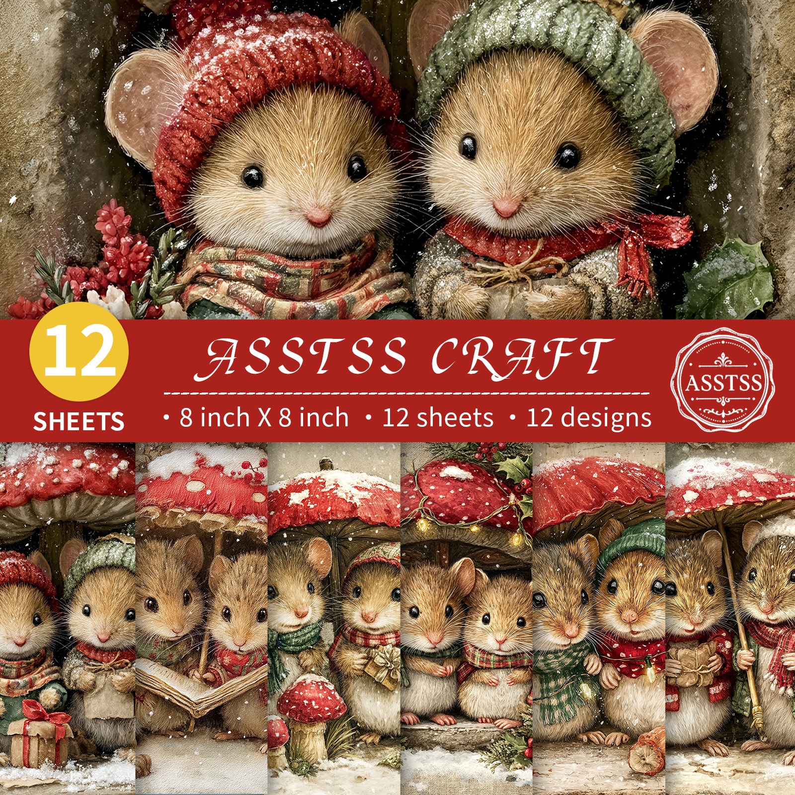 TEMU 12-Vel ASSTSS 8*8inch Scrapbooking Papierblok, Kerst Vintage Aquarel Winter Rode Paddenstoel Sjaal Muis Stijl Achtergrondpapier Benodigdheden,