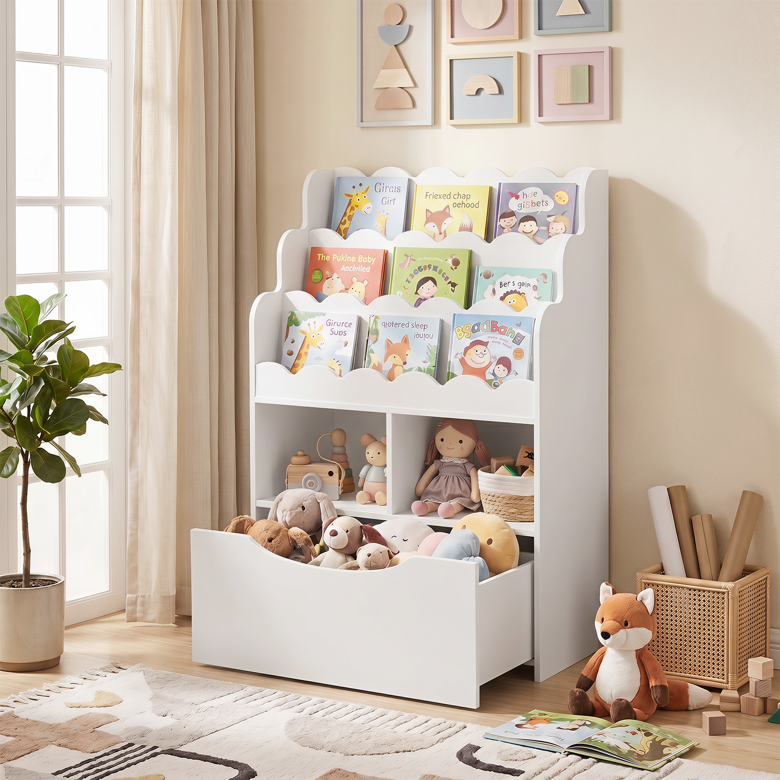 Image of Kids Bookshelf, 5-tier Wooden Bookcase & Storage Organizer With Shelves & Rolling Drawer For Einschulung, Christmas, Halloween, Book Storage For Nursery, Playroom, Kids' Room, White