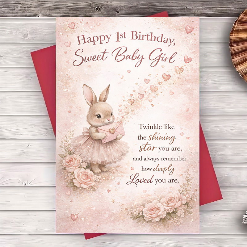 TEMU 2pcs (one Envelope And 1 Greeting Card)first Birthday Greeting Card For Girls With Cute Bunny And Roses And To Milestone And Show Deep