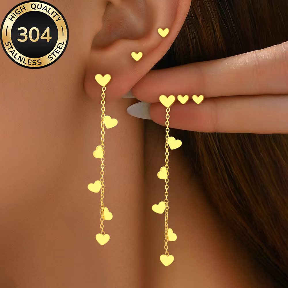 TEMU 3 Pairs Earring Set High-quality 304 Stainless Steel Low-allergy Golden Earrings, Polished, Kc Golden Plated, Anti-tarnish, Easy And Elegant,