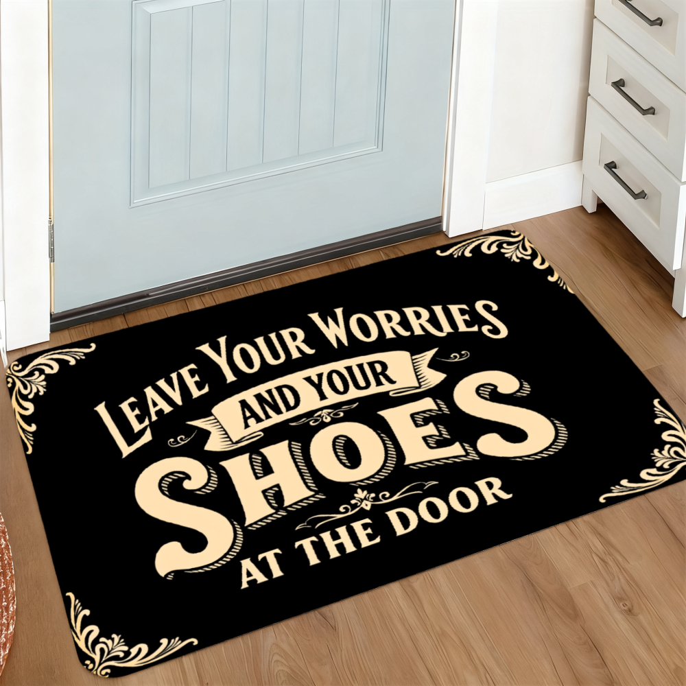 TEMU 1pc Modern Polka Door Mat With Elegant Script Welcome Message "leave Your Worries & Shoes At Door" - Soft Suitable For Home Entryway, Machine