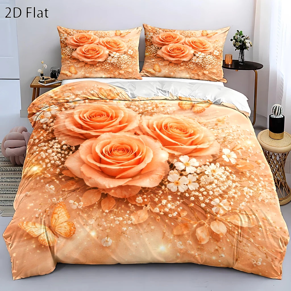 TEMU Warm Orange Rose Duvet Cover Set, 3pcs Bedding (1*duvet Cover   2*pillowcases), Suitable For And Machine Washable, Invisible Zipper Design,