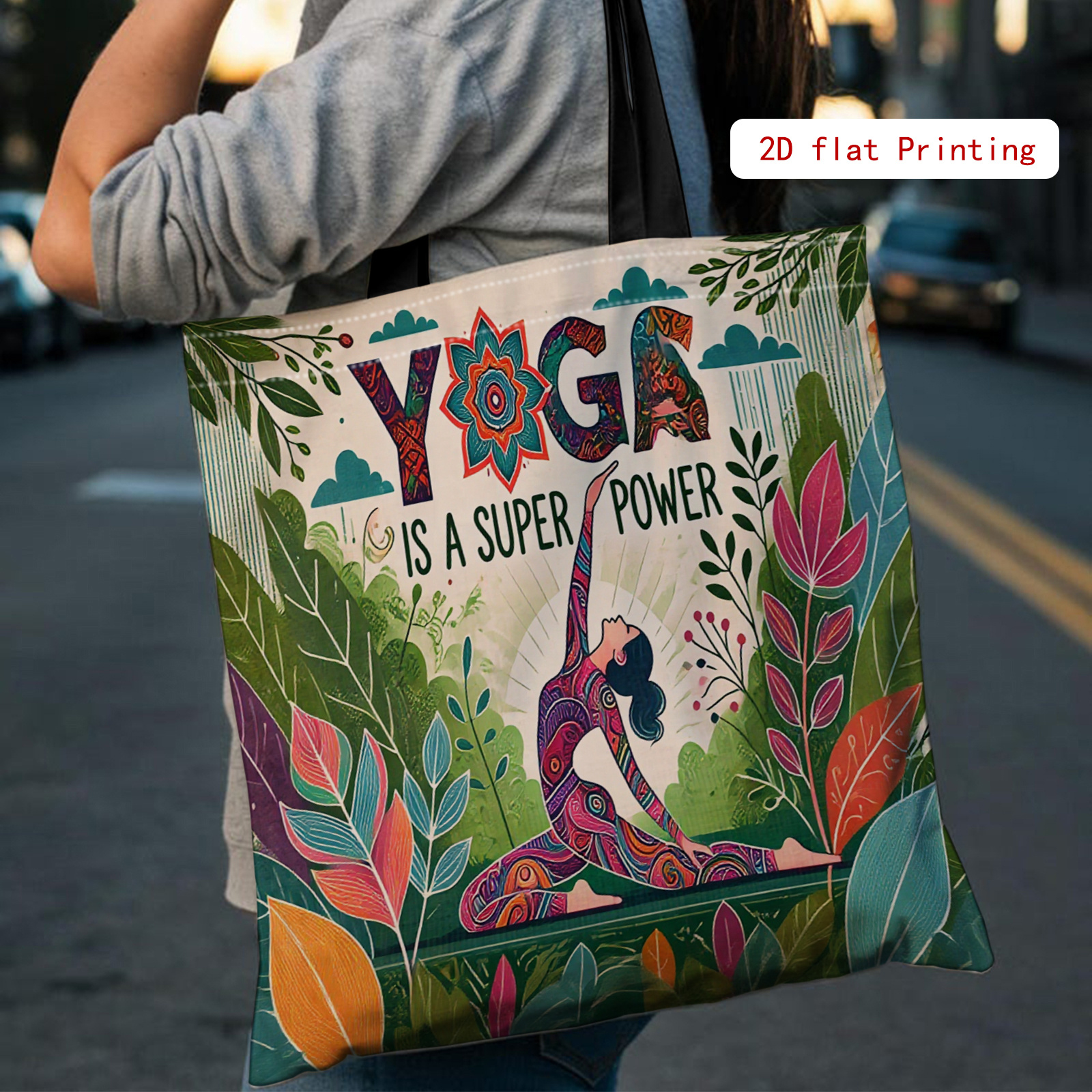 TEMU Yoga-themed Large-capacity Shoulder Bag, Vibrant 2d Printed Tote Bag For Women, Easy To Match, Suitable For Fitness, Daily , Shopping, And