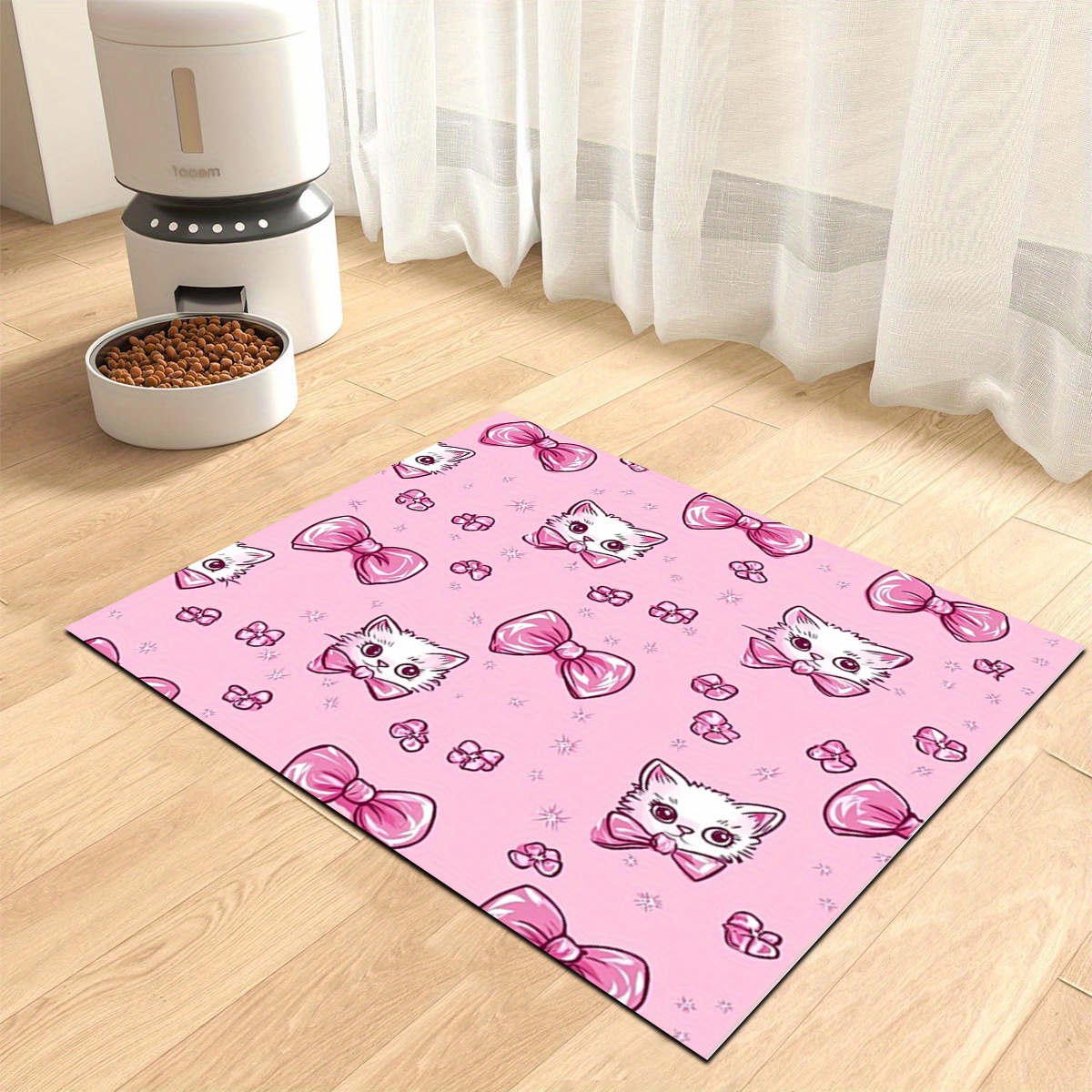 TEMU 1pc Pink Bow Cute Cat Pattern Pet Feeding Mat, Pet Feeding Floor Mat, Non-slip Floor Mat, Cat And Dog Food And Water Bowl Mat, Dog Water