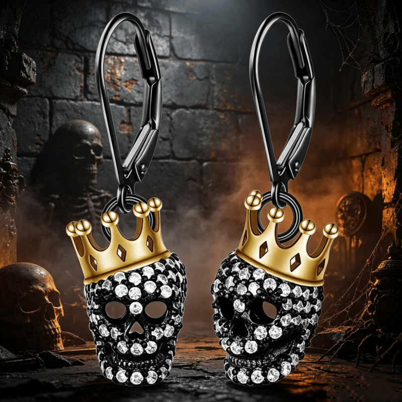 Gothic Punk Black Skull Pendant Earrings Set