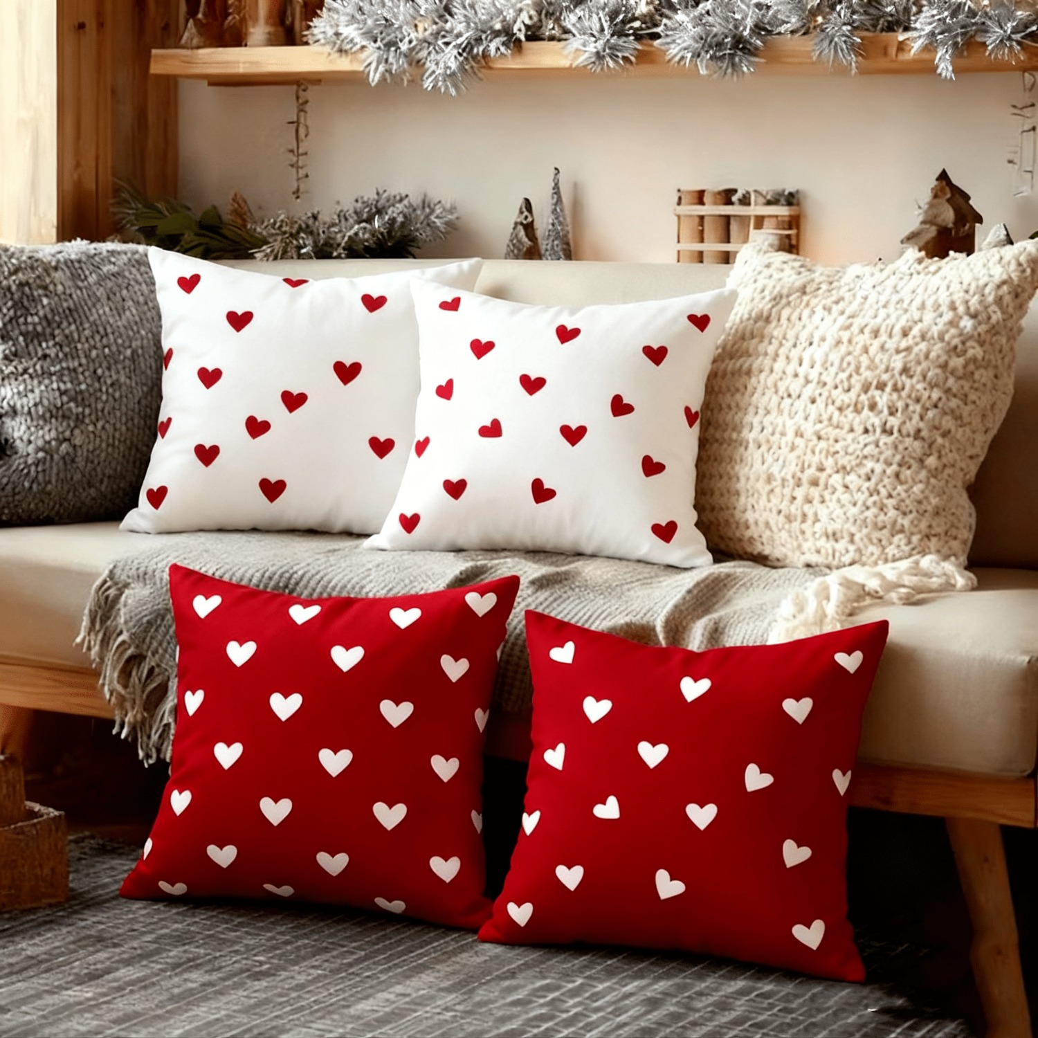 TEMU 4-pack Valentine's Day Pillow Covers With Red And White Heart Pattern | Contemporary Style, Polyester, Zipper Closure, Soft And Comfortable,