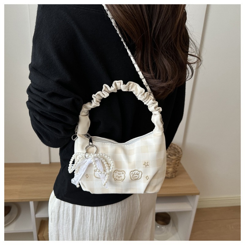 Plaid Ruched Handle Hobo Bag With Pearl Bow And Chain Shoulder Bag_voghion.com