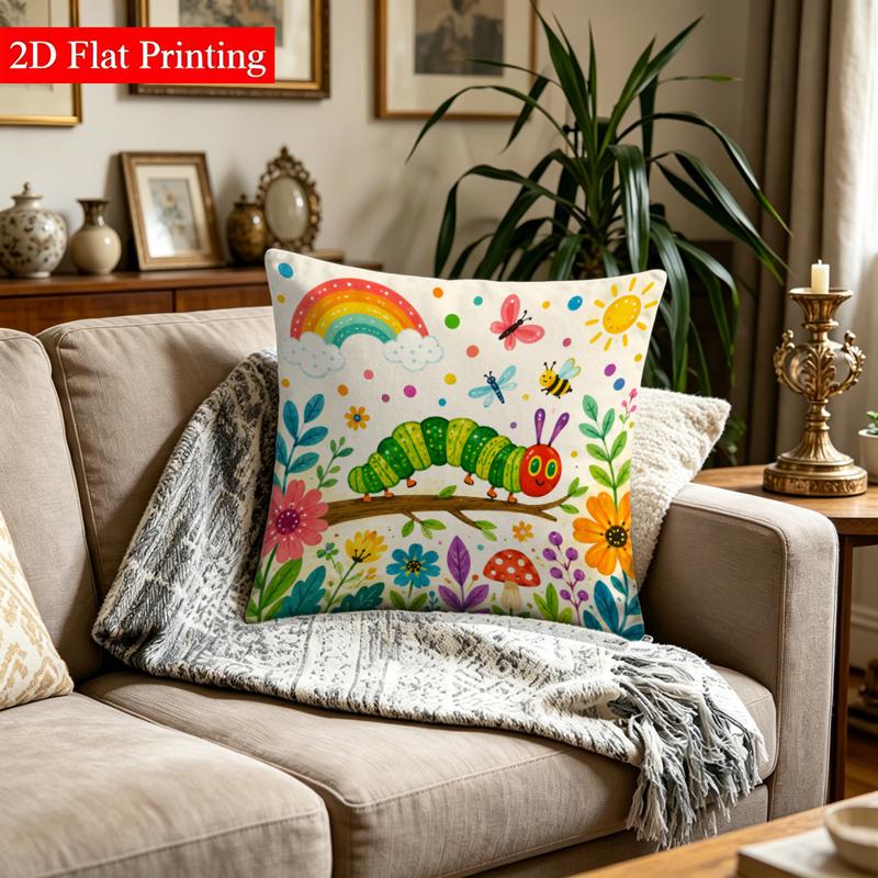TEMU 1 Housse de coussin double impression plate 2D, 3D/Broderie réelle/Insertion, 17.71 X 17.71 pouces, Motif coloré de chenille et de fleurs,