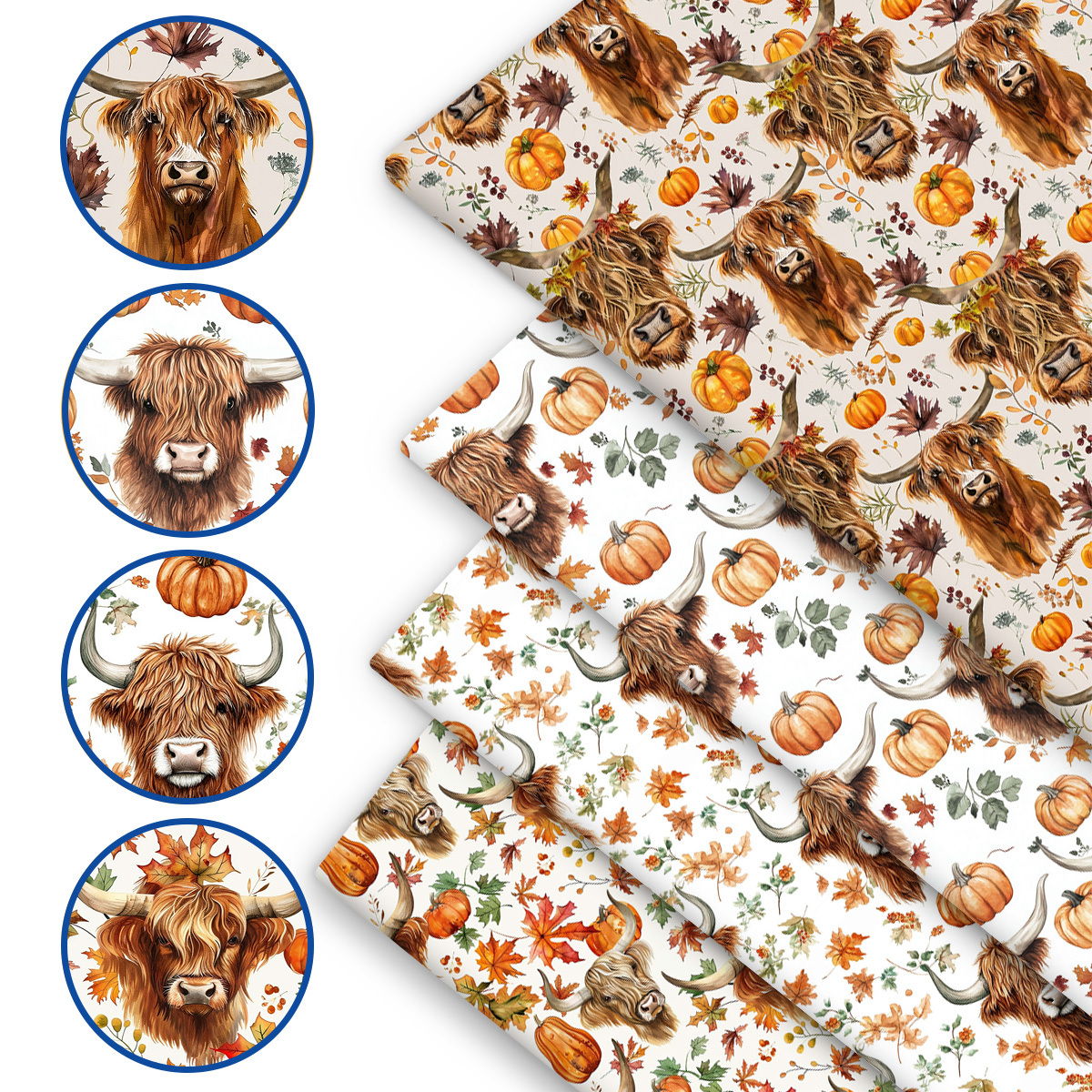 TEMU 4pcs Set With Pre-cut 18x22 Inch, Autumn Theme Scottish Highland Cow, Maple Leaf Pumpkin Pattern Combination, Multiple Sizes, Round Design,