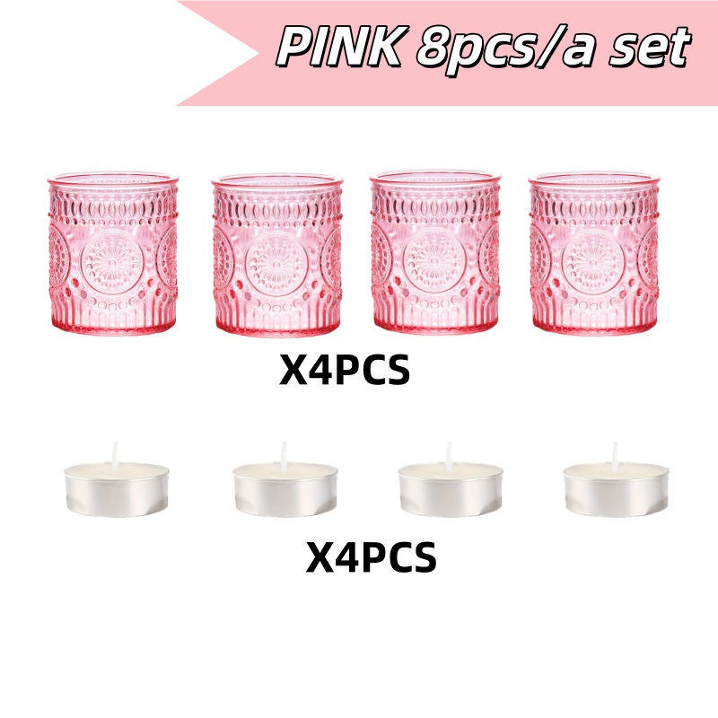 TEMU Set Of 8 Candle Holders And Candles, Featuring 4 Pink Cylindrical Sunflower-shaped Holders And 4 Candles, Perfect For Gifts, Table Decorations,