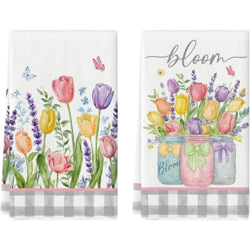 

2pcs 18*26inch Tulip Vase Towel Dish Towel, Farmhouse Summer Floral Decorative Hand Towel