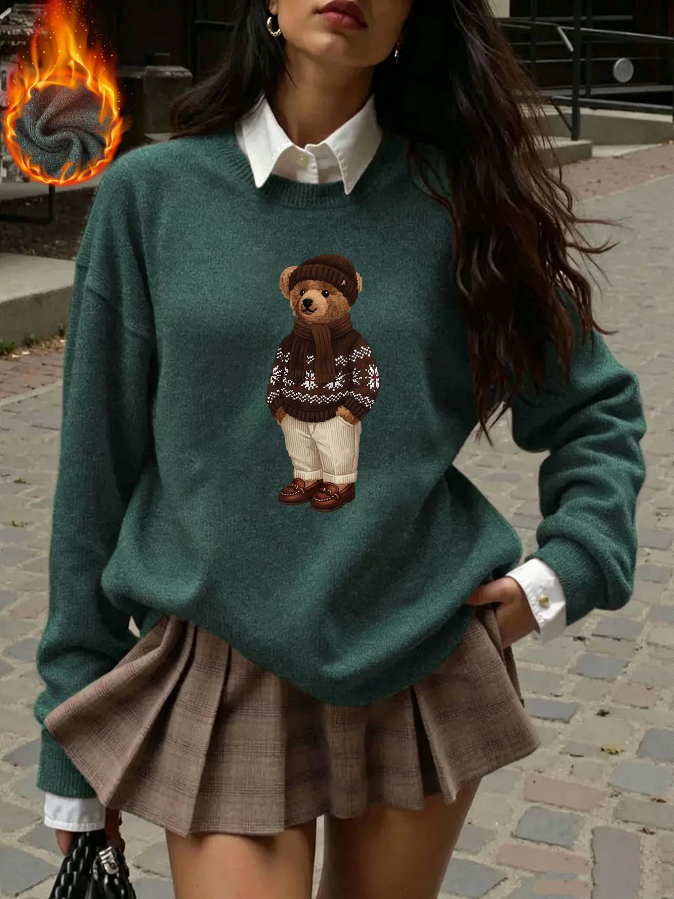 womens wintery cozy scarf bear sweater retro fair isle pattern teddy graphic relaxed loose fit casual pullover soft warm fabric   daily wear gifts for  