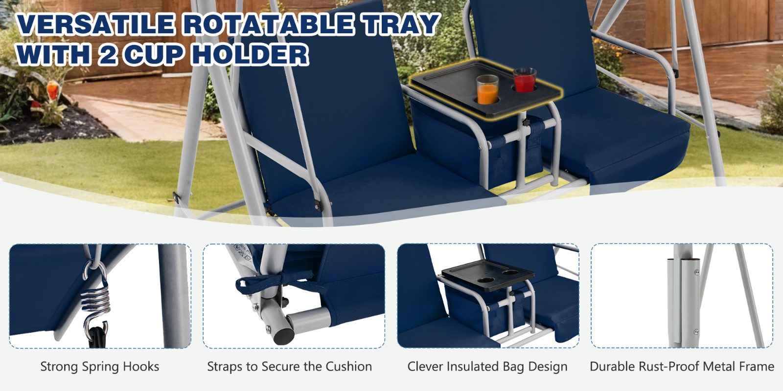 2-Seat Patio Porch Swing with Stand, Outdoor Swing Chair with Adjustable Canopy & Cup Holders for Backyard, Garden & Deck