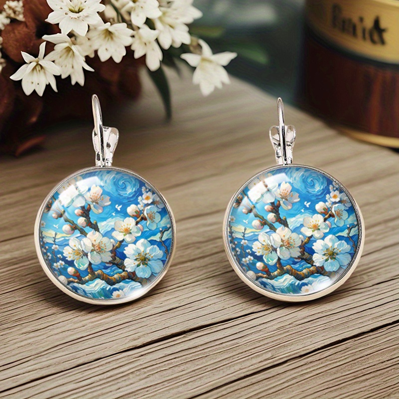 TEMU Fashionable Blue And White Floral Oil Painting With Easy Style Illustrations Round Glass Earrings Fashionable Jewelry Gifts, Without Battery