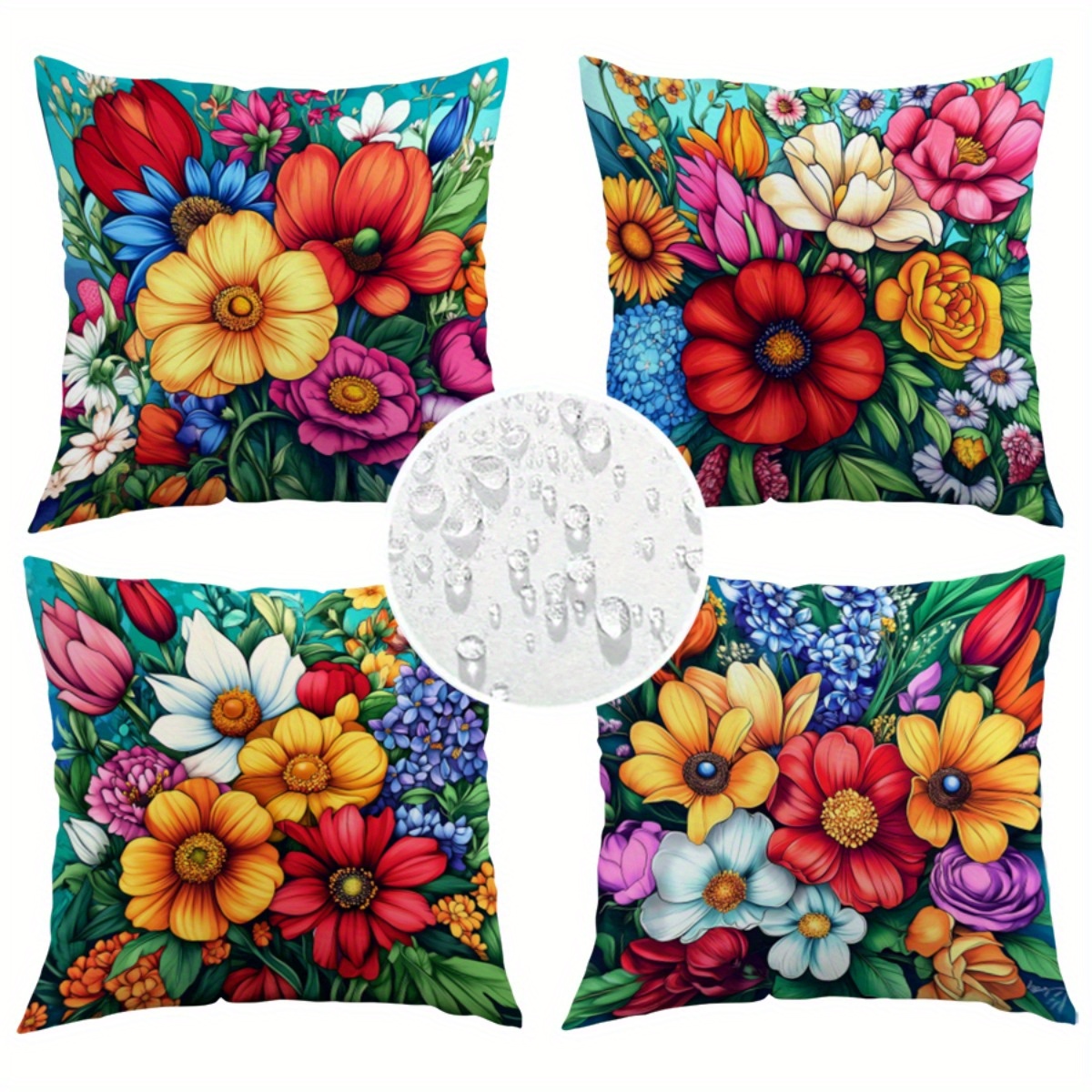 4pcs Set Vibrant Floral Print Outdoor Patio Sofa Cushions - Zippered Design, Machine Washable, Suitable for Summer Leisure and Seaside Decor, Outdoor Sofa Accessories | Vibrant Sofa Accents | Durable Outdoor Fabric
