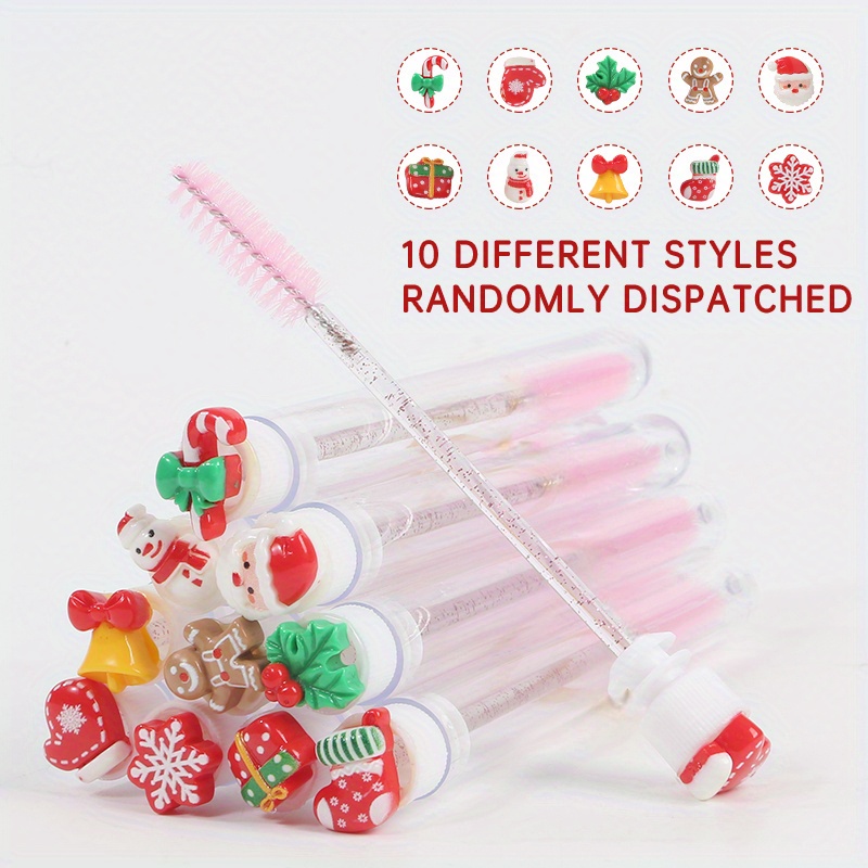 TEMU Set Of 10 Christmas-themed Mascara Brushes Featuring Designs Like Santa, Snowflakes, Gloves, Gift Boxes, Wreaths, Bells, Stockings, Trees, And