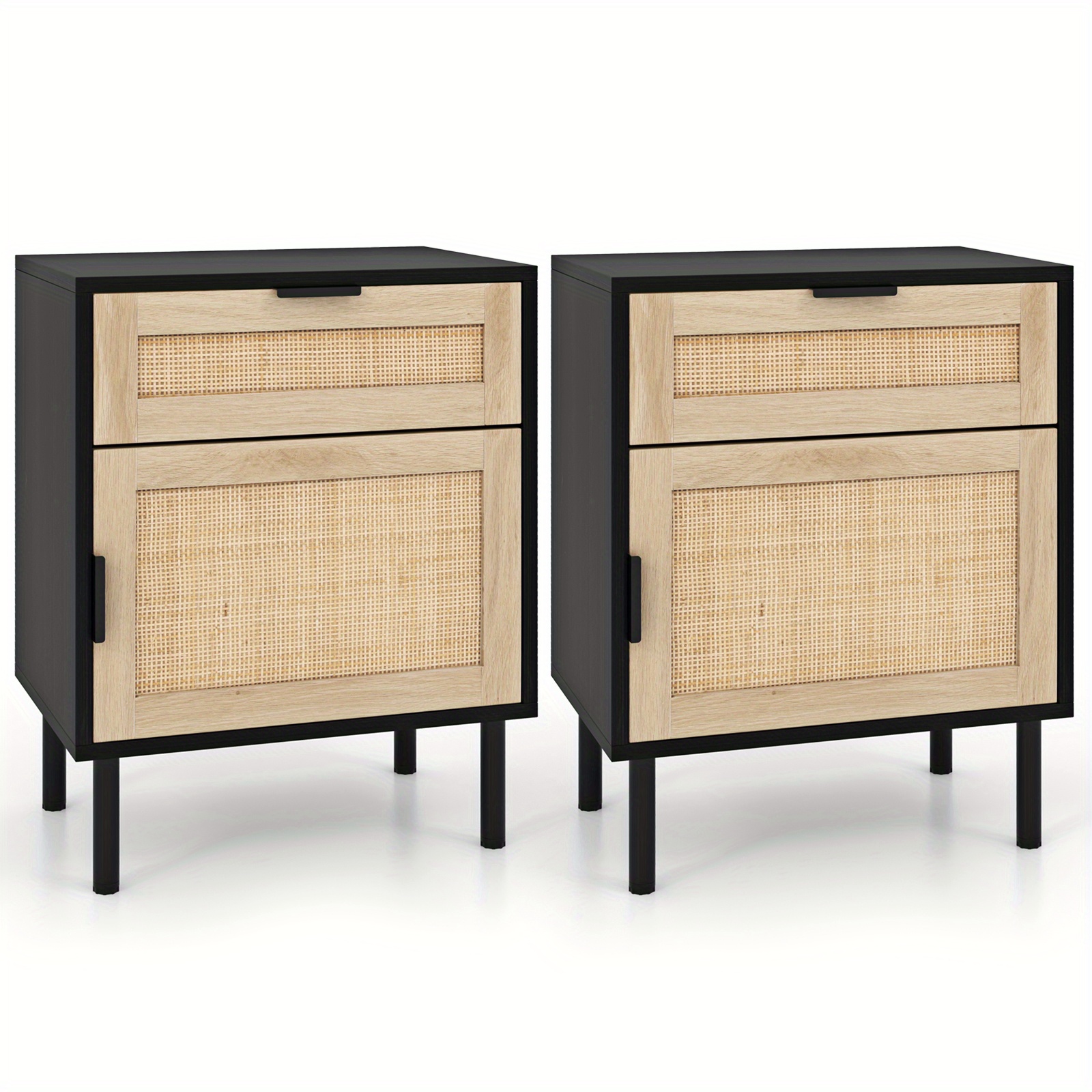 Rattan Nightstand Set Of Two, Mid Century Modern End Table With Drawer And Cabinet, Bedside Table With Sturdy Metal Legs, Sofa Side Table
