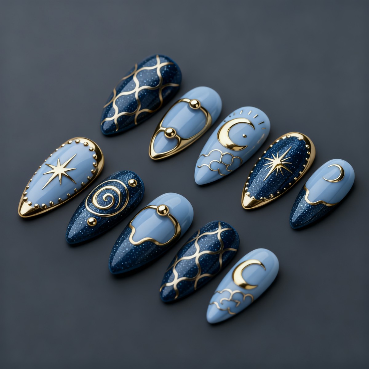 TEMU 10pcs Almond Light Blue Starry Sky Press-on Nails, 3d Gilded Fine Glitter Navy Blue Metallic Star And Moon, Simple And Gentle, Removable Fake