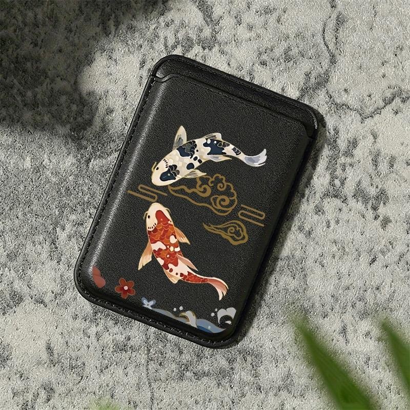 TEMU Magnetic Card Holder With Koi , Pu Leather Phone Card Holder, Magnetic Phone Wallet, Adhesive Card Slot For Phone, Compatible With Most Phones,
