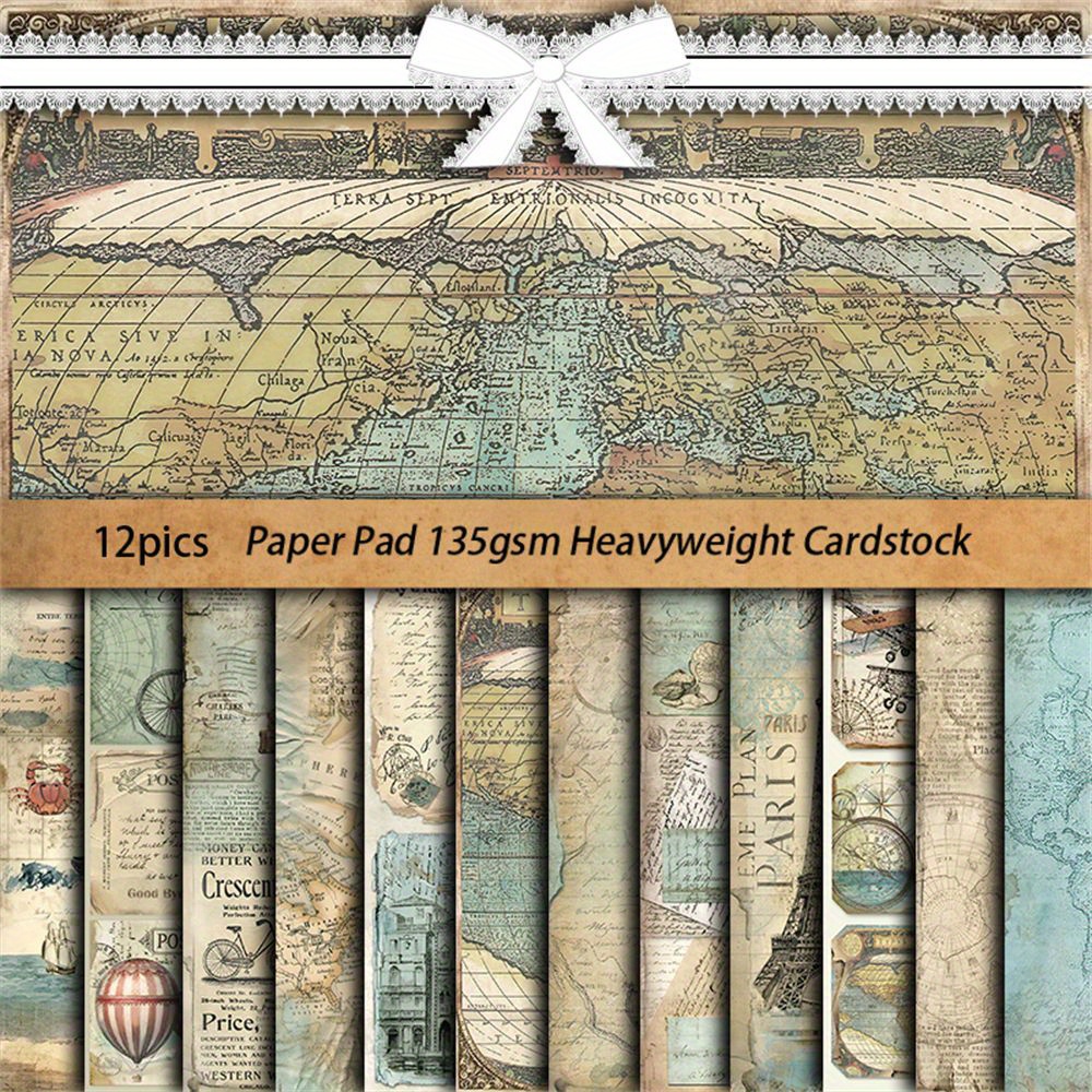 Image of 12 Sheets Of Large Retro-style Travel-themed Paper For Journaling, Perfect For Projects And Student Stationery Arts And Crafts