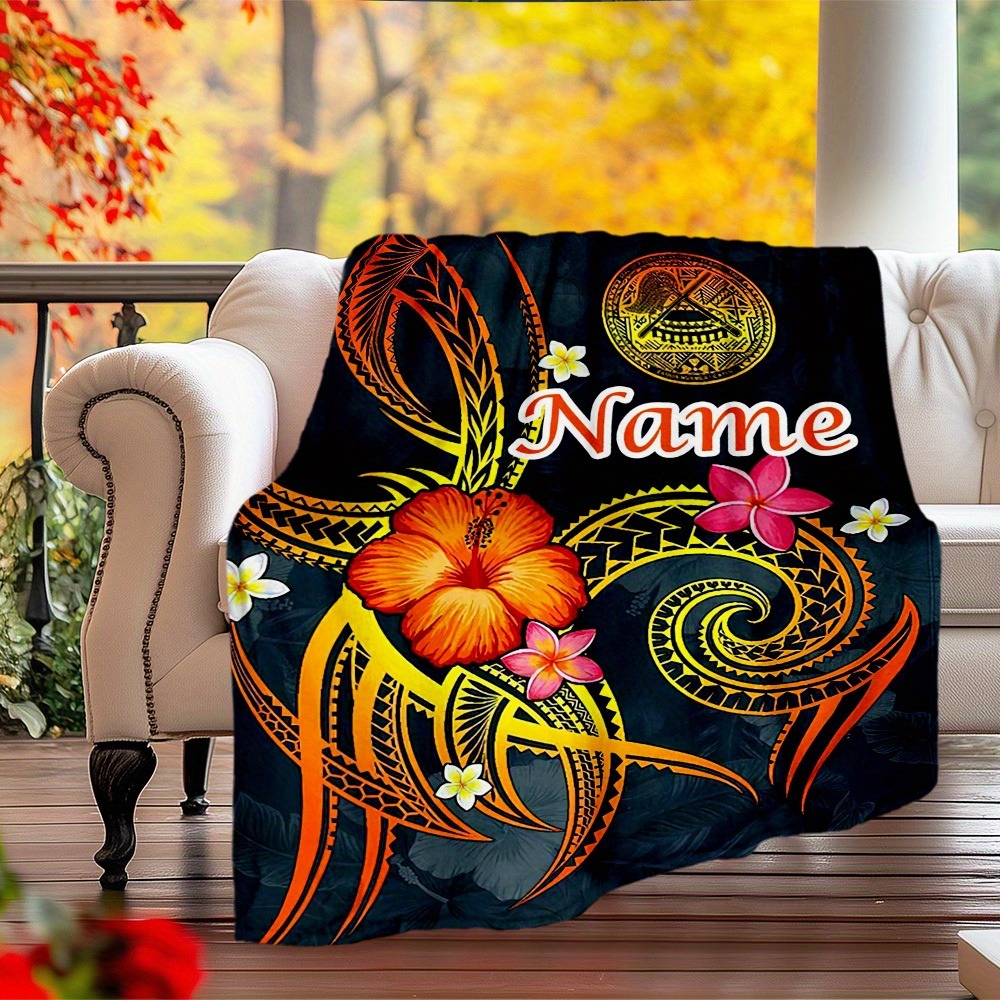 TEMU A Polynesian Tattoo Pattern Outdoor Customizable Name Blanket - Comfortable, Soft, Lightweight, And Breathable, Suitable For And Versatile Use,