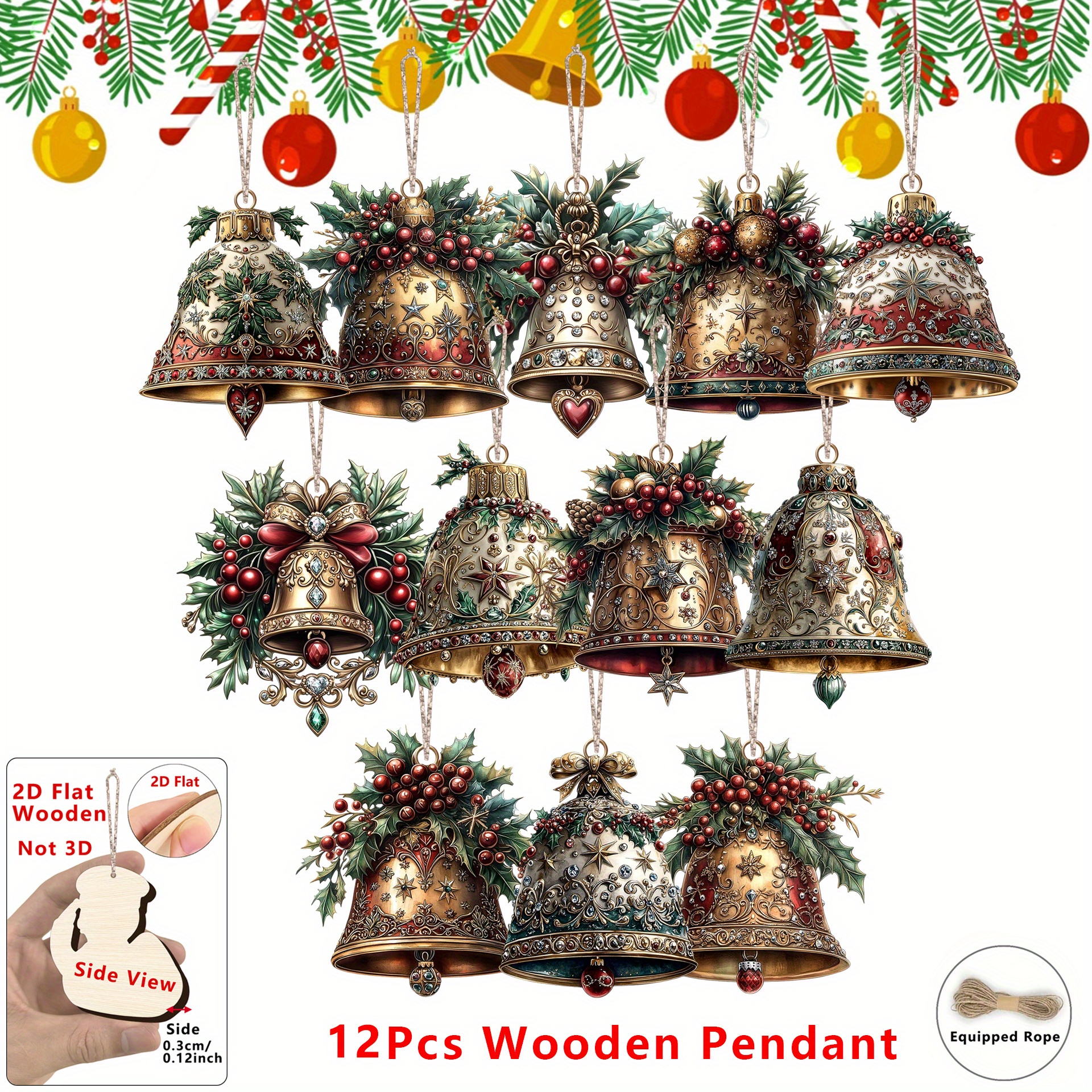 TEMU 2D Plat, 12 Pièces Cloches de Noël Victorienne en Bois Vintage, Décorations Parfaites pour Fêtes de Noël, Décoration Maison ou Bureau, Idées