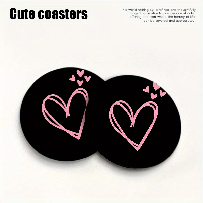 Image of Heart Print Car Coasters | Water Absorbent, , Easy To Clean, Suitable For Office/home/car Use, Ideal For Valentine's Day/birthday, Enhances Car Decor, Compact And Portable
