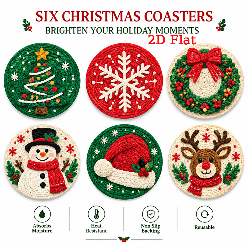TEMU 6pcs Christmas Drink Coasters Set, 2d Flat Round Rubber Coasters With Patterns, Snowflake Tree Wreath Design, Absorbent Heat Resistant Cup Mats,