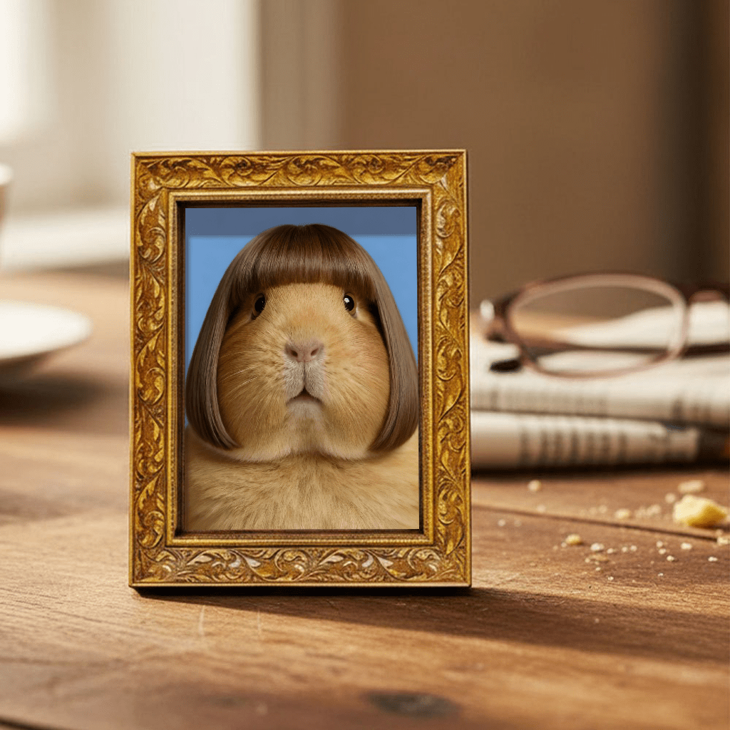 TEMU 1pc Vintage Humorous Wooden Square Mini Photo Frame Refrigerator Decoration, Featuring A Guinea Pig With Bangs And A Bob Cut, Expressing An And