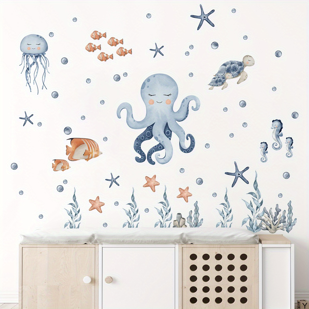 Image of Cartoon Cute Octopus Turtle Seaweed Marine Animal Wall Stickers For Bedroom Living Room Home Decoration Self-adhesive Sheets