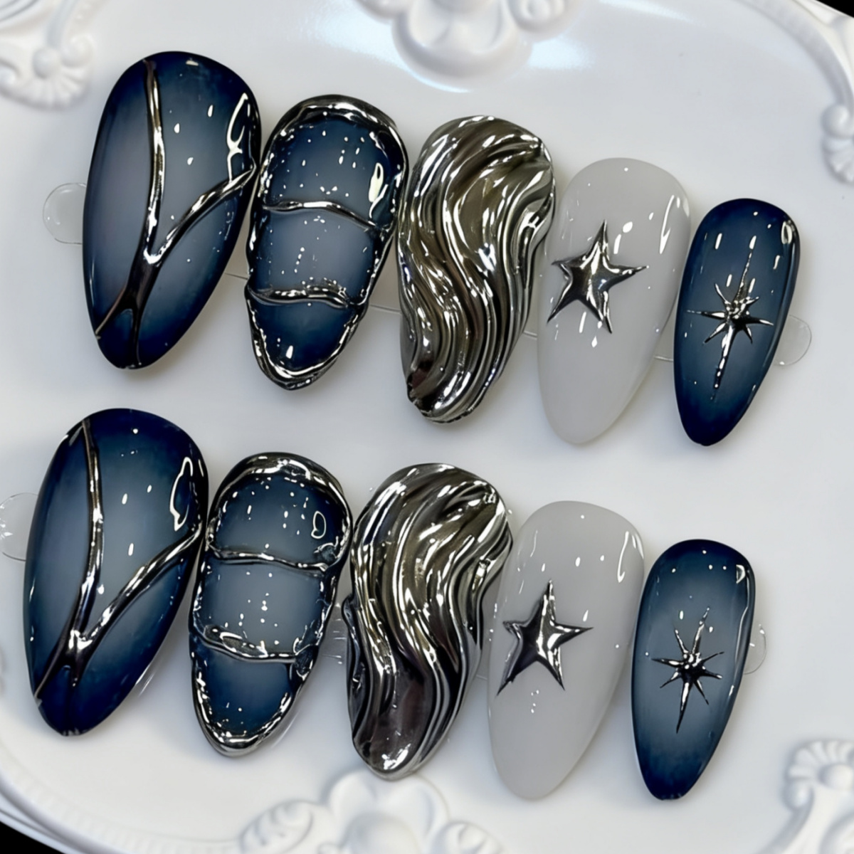 TEMU 10pcs Gradient Fine Shimmer Medium Length Almond Press-on Nails 3d Stereoscopic Relief Gilded Silvery Vortex Metallic Pentagram Cool Cold Niche