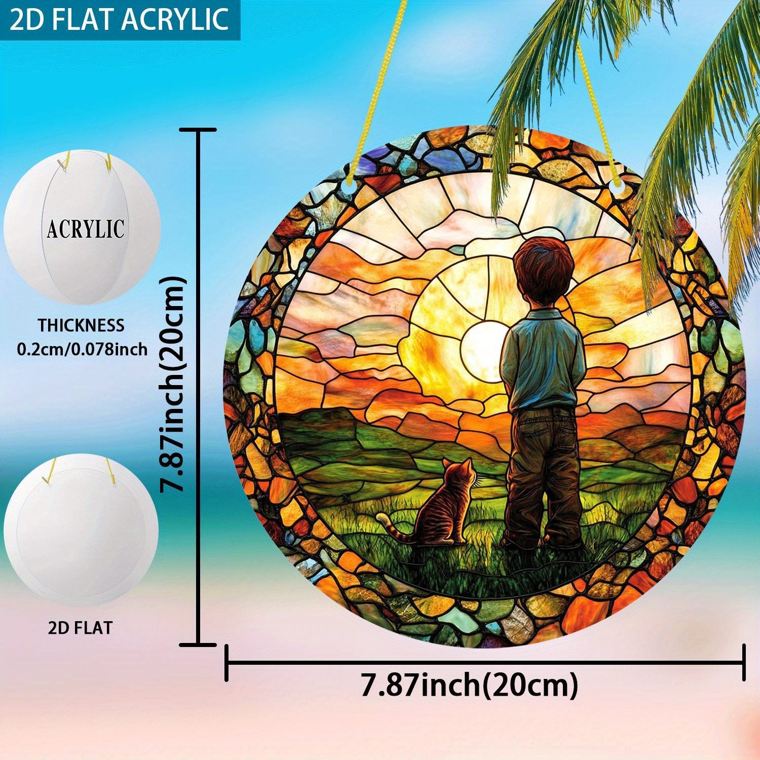 2d 플랫, 1pc   boy and cat sunset catcher - 7.87x7.87 인치 라운드 아크릴 사인, 평화로운 홈 데코, 거실, 침실, 사무실, 기념일, 우정의 날 선물, 침실 액센트 피스 | 유리 효과 | 내구성 아크릴, 선캣터 월 데코, 2d 플랫