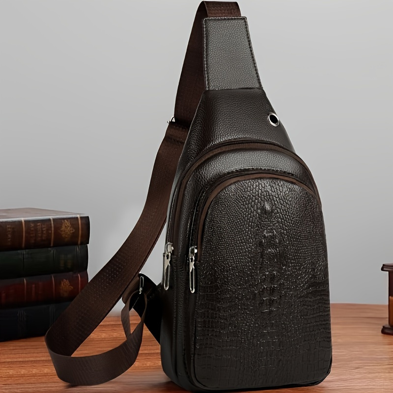 Men'S Stylish Black Faux Leather Sling Bag - Large Capacity Lightweight Crossbody Chest Pack with Embossed Design & External Earphone Hole for Casual Outings, Crossbody Bag