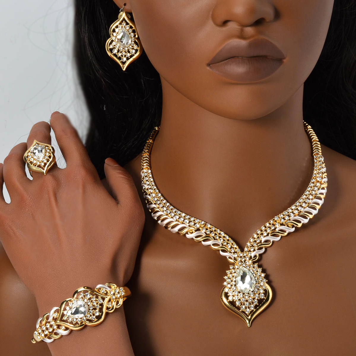 1 Set Elegant Copper Jewelry for Women - Luxury Teardrop Pendant Necklace, Bracelet, Ring, and Earrings with Synthetic Zirconia - Middle Eastern Style for Wedding, Party, Ramadan - All-Season Gift Set
