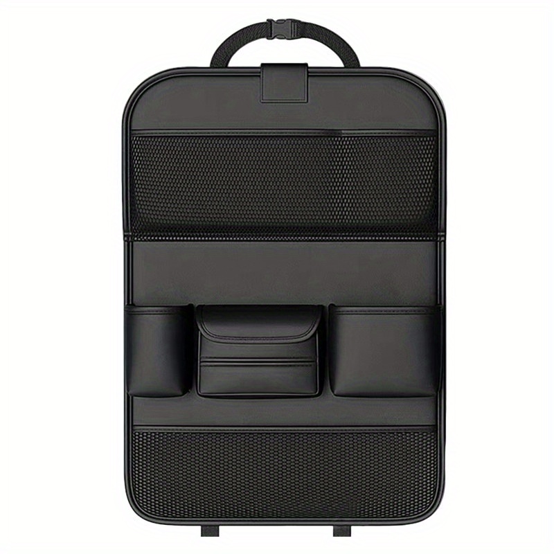 TEMU Fit Pu Leather Car Seat Back Organizer With Multiple Compartments, Mesh Pockets & Laptop Holder - Foldable Travel Storage Bag For Car Interior