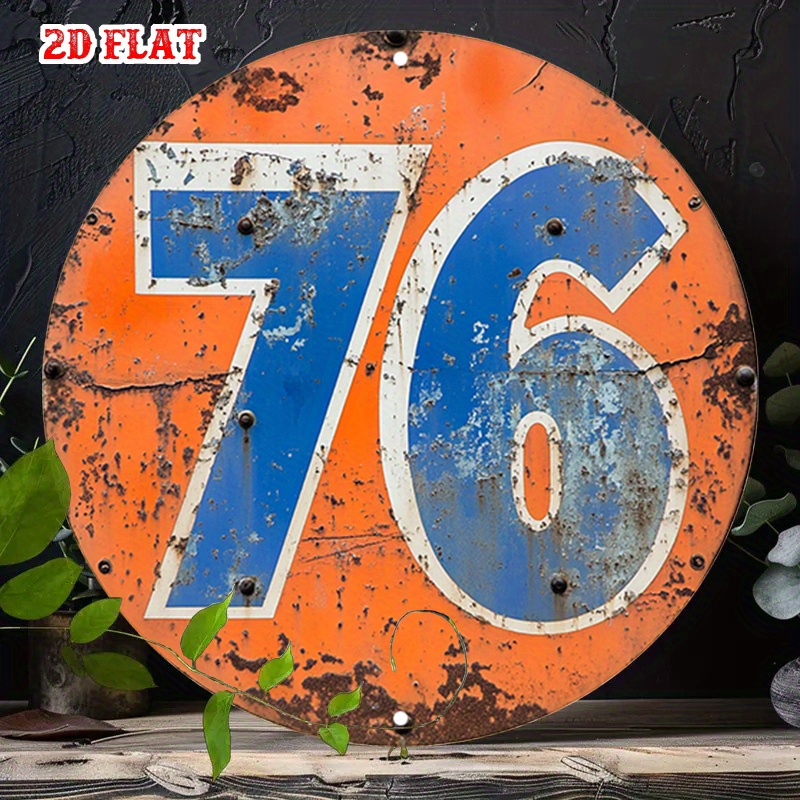 TEMU Vintage '76' Sign Made Of Aged, Perfect For Rustic Wall Decor. This Round Decoration Features A Weathered Orange Design, Ideal For Living Rooms,