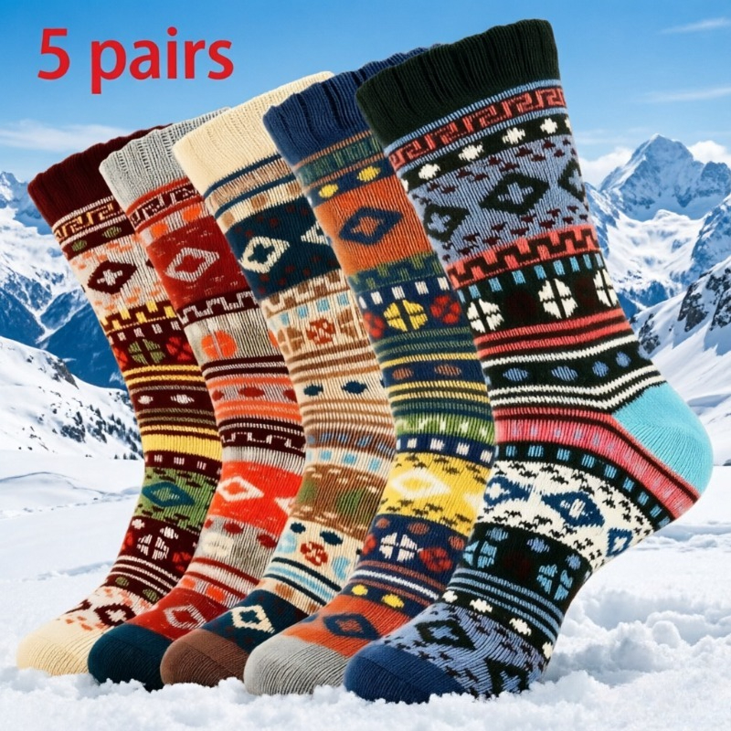 TEMU 5-pair Men's And Women's Thickened Socks, Thick Warm Winter Socks, Soft Hiking Socks, Men's And Women's Casual Mid-calf Socks, Vintage Thickened