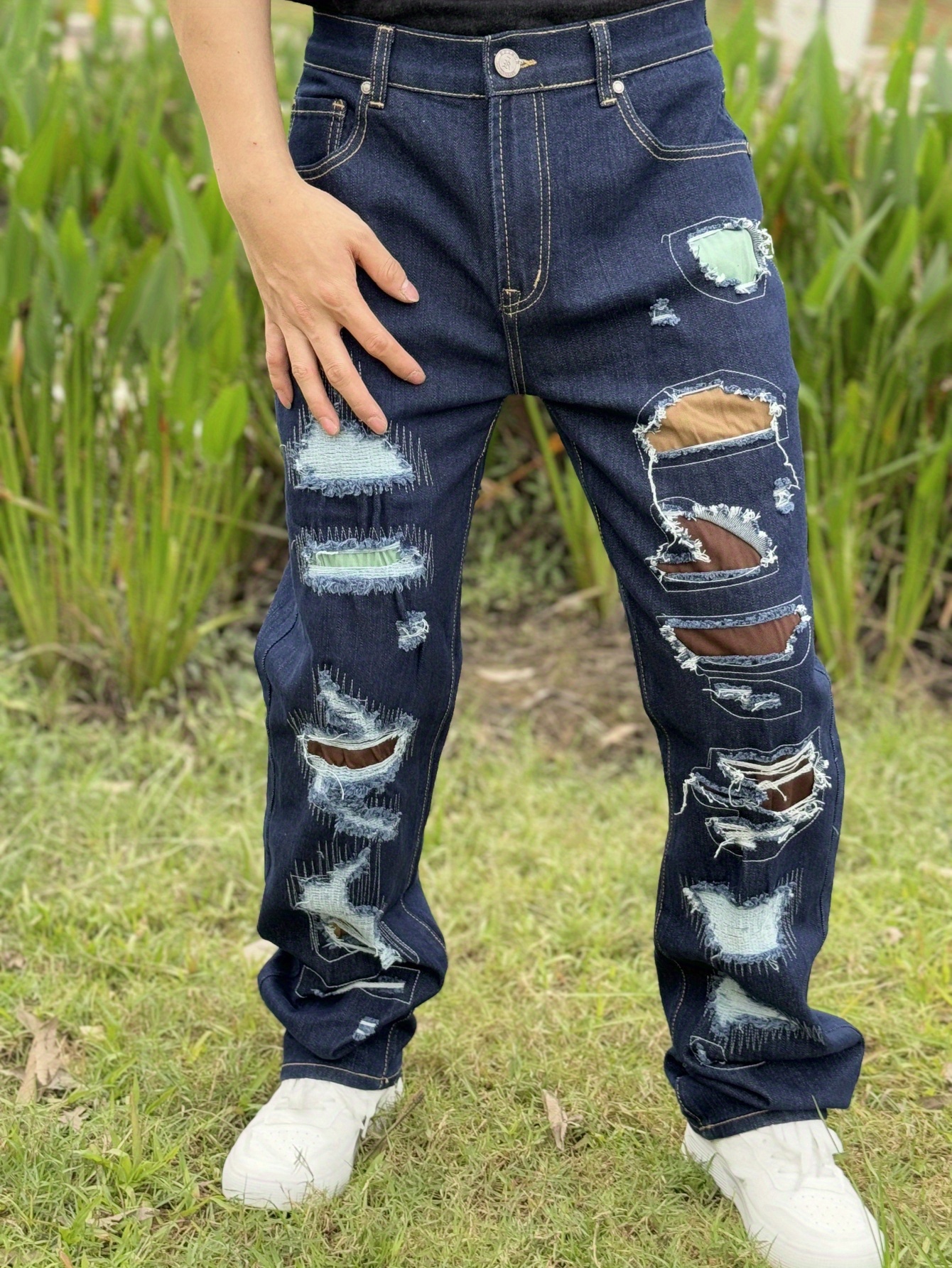 patched denim jeans sold on Temu United States