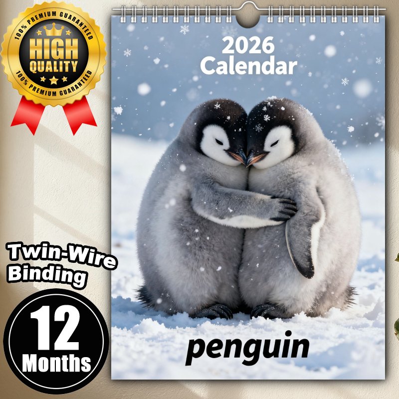 TEMU December Tjockt Belagt Papper, Spiral Dubbelsidigt Tryckt 2026 Kalender, 2026 till December 2026, Pingvin Kalender, Hållbart Papper med Full