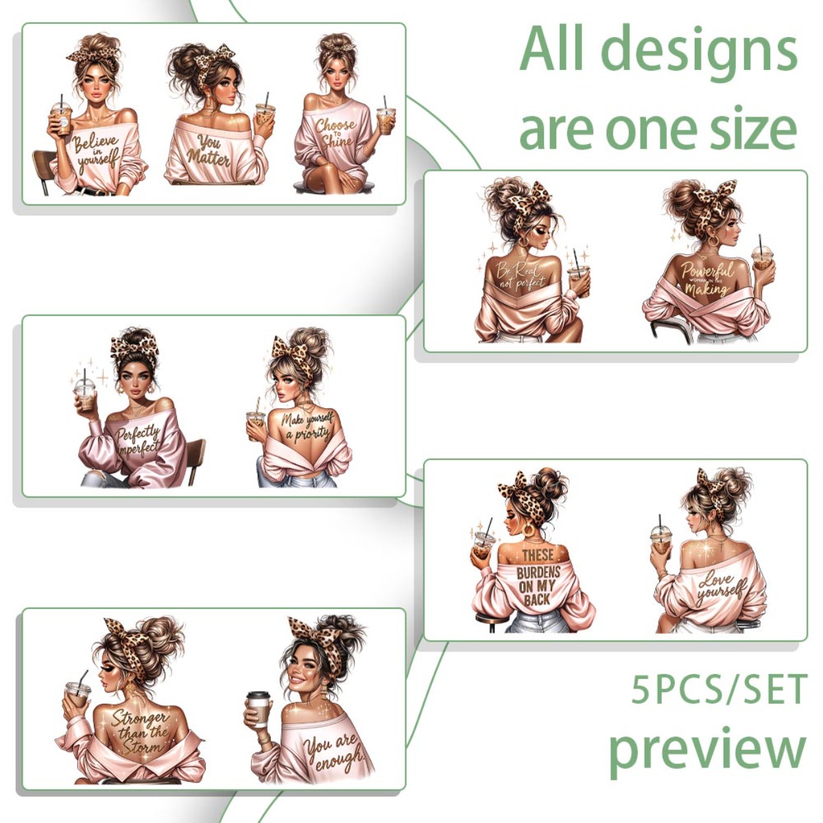 5pcs/ Set Leopard Print Boss Lady 16oz Glass Jars Wrap Transfer Decorative Paper Uv Dtf High Self-adhensive Decor Transfer