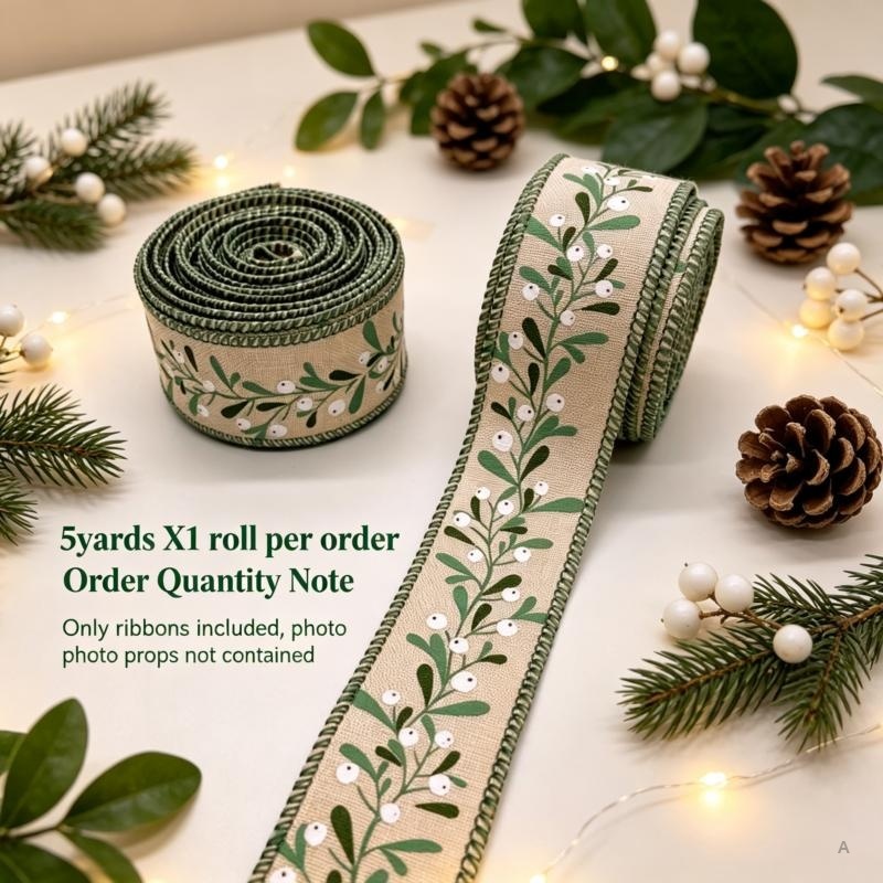 TEMU 1pc, 1.5 Inch, 5 Yards, 3.8 Cm - Like Wire - Ribbon For Christmas, With Green Branches And White Berries Pattern, Burlap For Bow - Tie Ribbon,