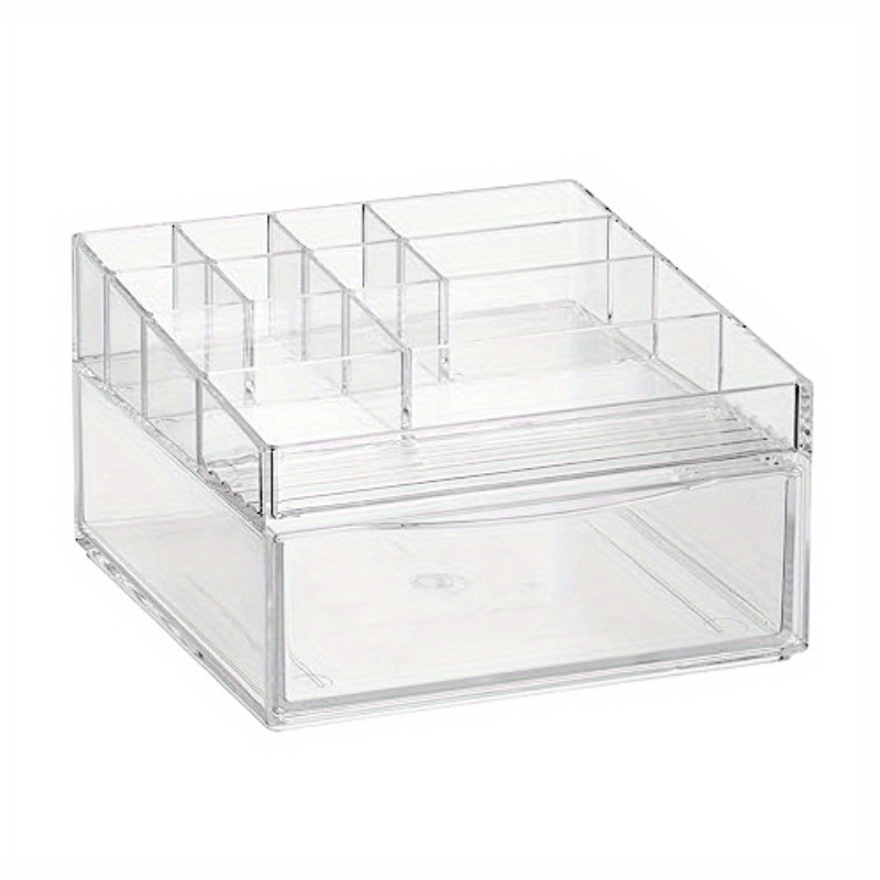   collection clear plastic divided makeup organizer bin with front drawer 11 compartment bathroom vanity storage for cosmetics brushes nail art tools durable countertop organizer space saving design 7 68x7x4 6in cosmetic storage organizer versatile use     material home organizers Product details 6
