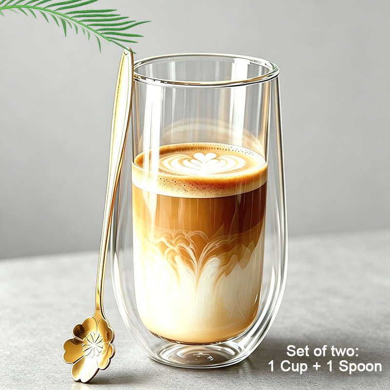 TEMU 2pcs (1 Cup And 1 Spoon) Double-layer Borosilicate Glass, Printed Design, Anti-scalding And Cold-resistant, Breakfast Cup, Afternoon Tea,