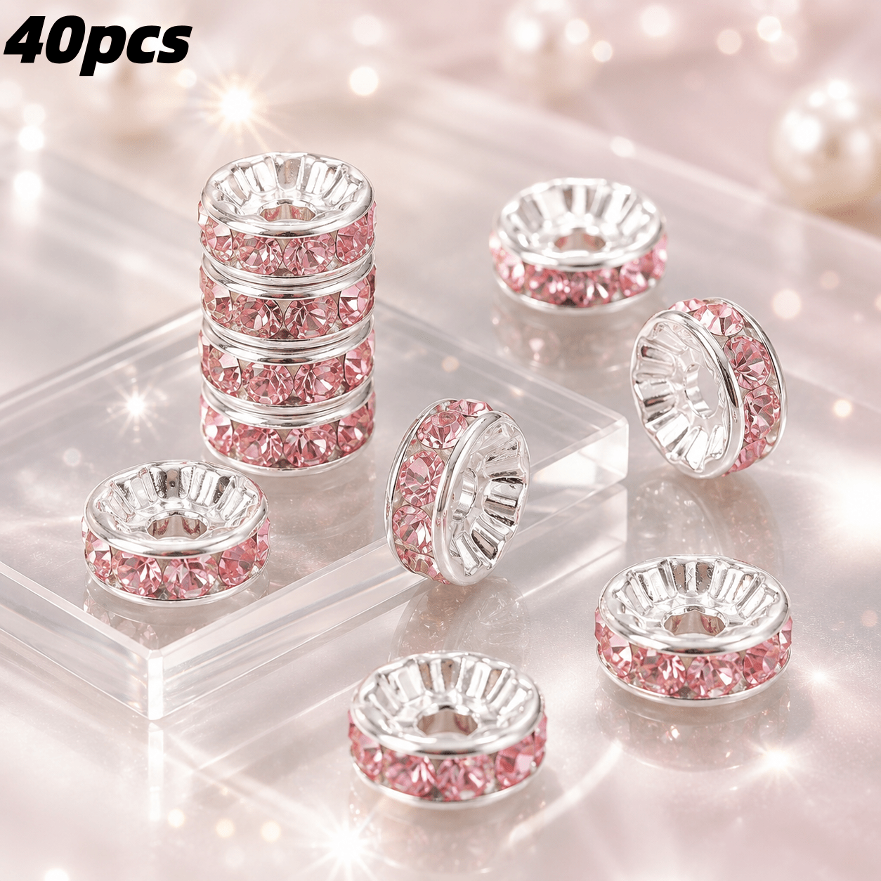 TEMU 40pcs 8mm Jewelry Additions, Large Hole Rhinestone Spacer Beads, Colorful Rhinestone Beaded Bracelet Necklace Base Additions, Alloy