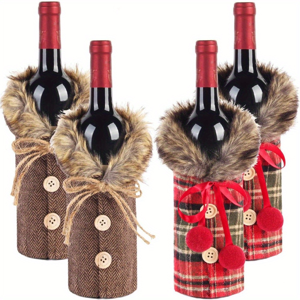 Image of 4pcs Christmas Sweater Wine Bottle Covers With Faux Fur Collar And Button Coat Design For Xmas Party Decorations